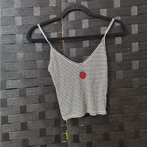 Forever 21 Black And White Stripped Crop Top With Strawberry Embroidered